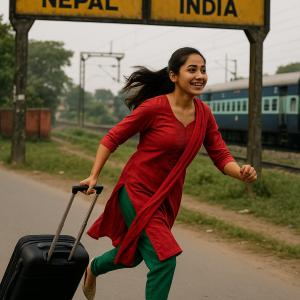 woman running with suitcase, printable art, 300 DPI