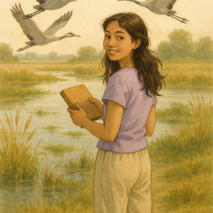 girl sketching in wetlands_simple, printable art, 300 DPI