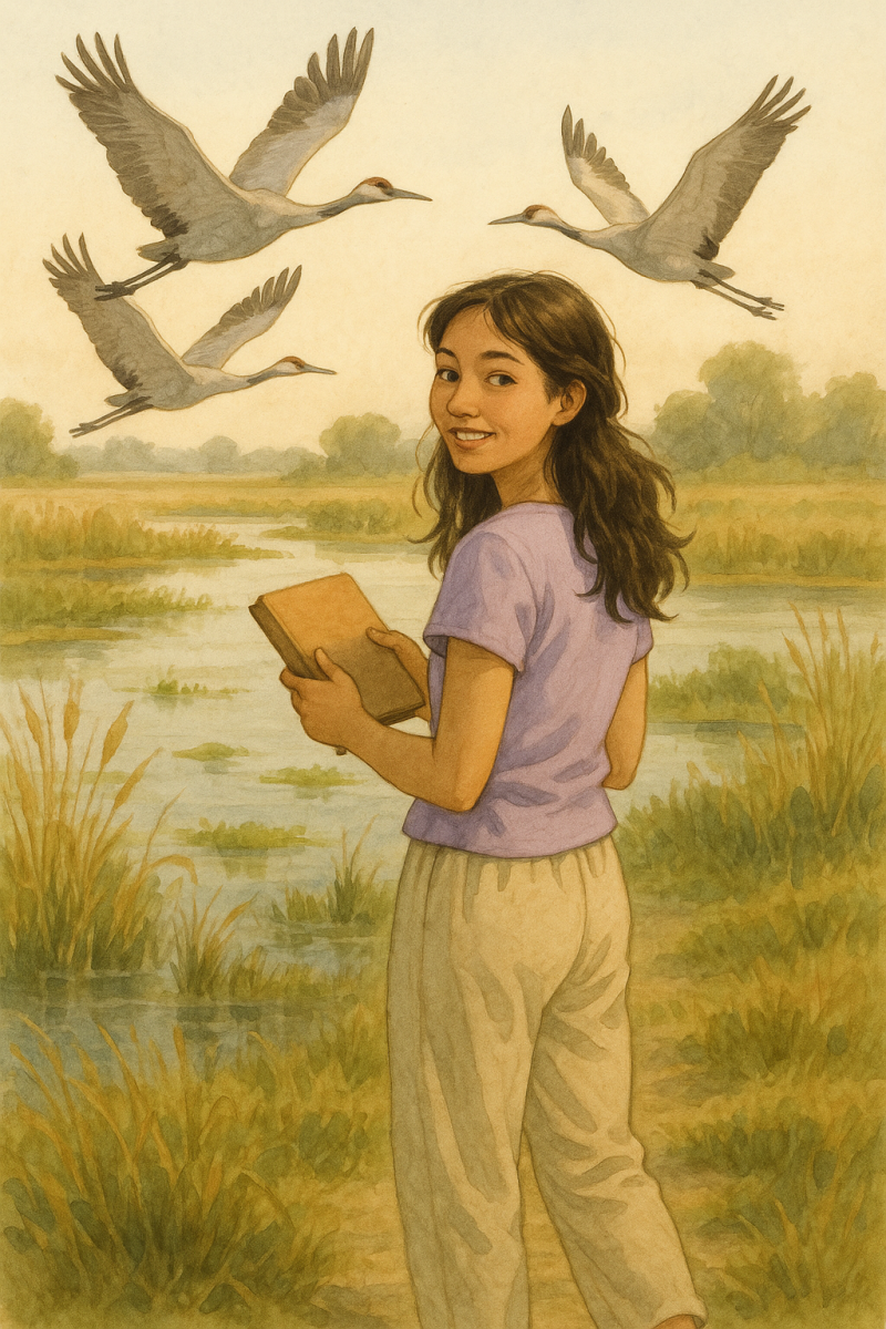 girl sketching in wetlands_simple, printable art, 300 DPI