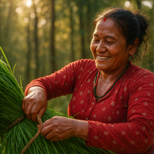 nepali woman bundling grass_simple, printable art, 300 DPI