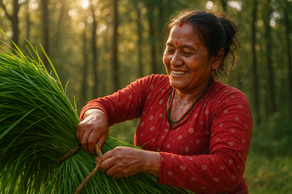 nepali woman bundling grass_simple, printable art, 300 DPI