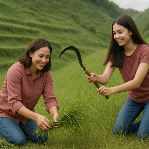 mother-daughter grass cutting_simple, printable art, 300 DPI