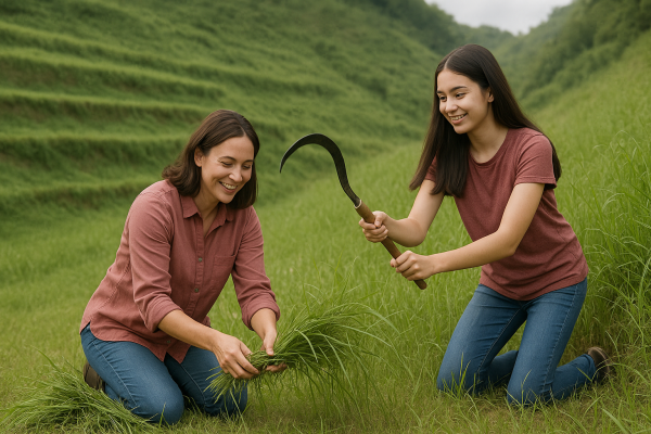 mother-daughter grass cutting_simple, printable art, 300 DPI