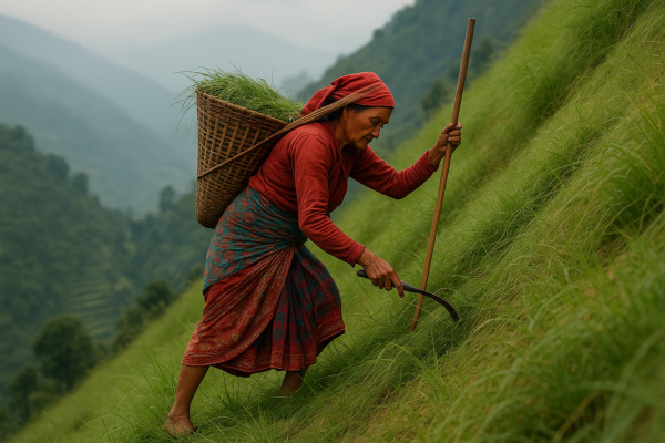 nepali woman balancing gracefully_simple, printable art, 300 DPI