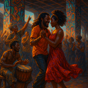 afrocentric dance under bridge_simple, printable art, 300 DPI