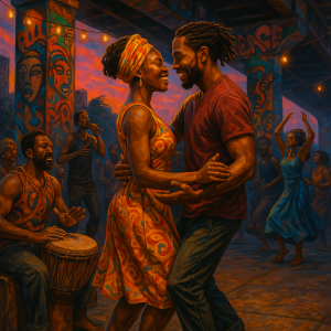 afrocentric dance under bridge_simple, printable art, 300 DPI