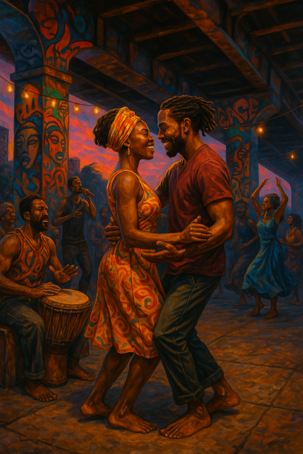 afrocentric dance under bridge_simple, printable art, 300 DPI