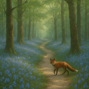 enchanted bluebell forest path_simple, printable art, 300 DPI