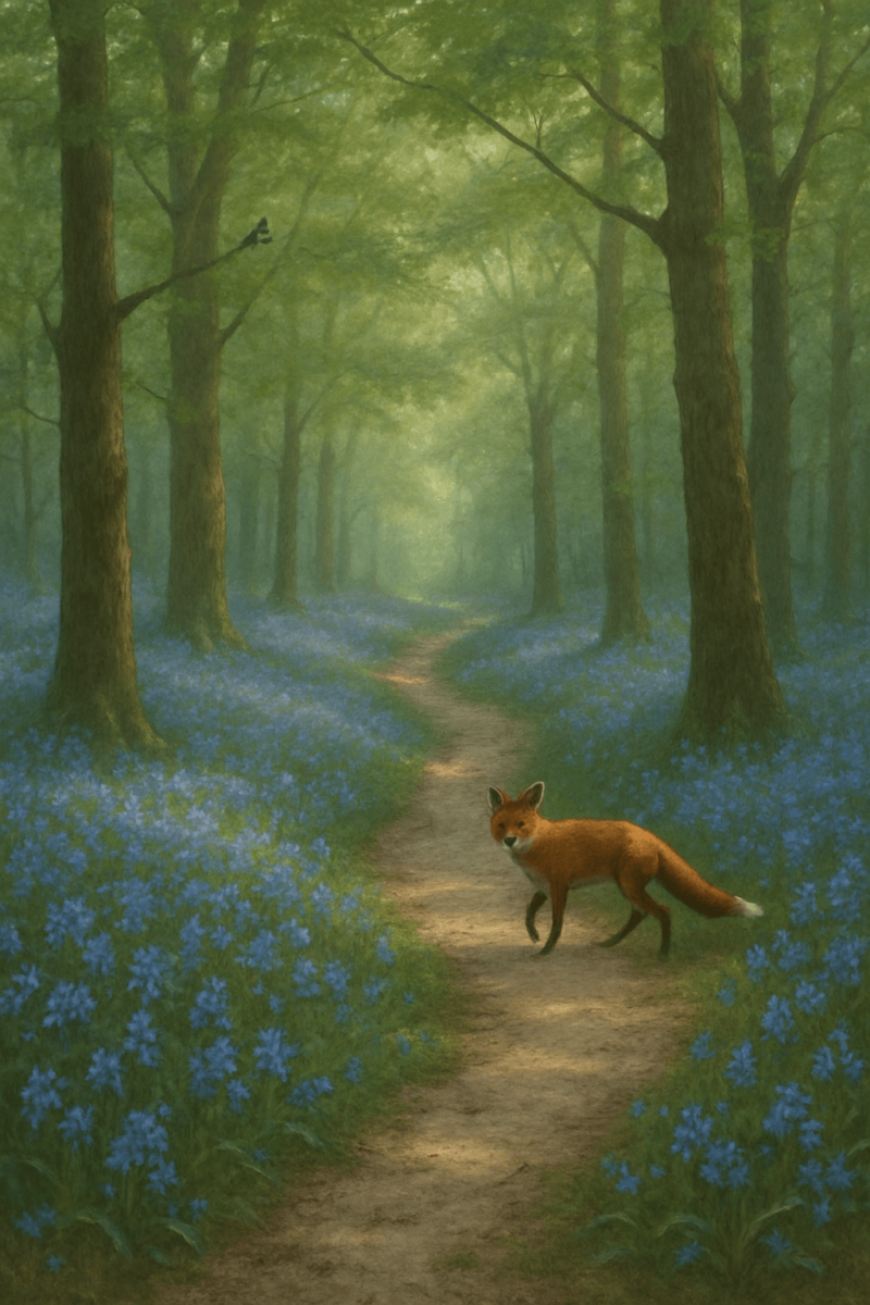 Enchanted Bluebell Forest Path printable art for gallery wall