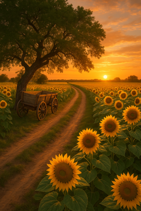 sunflower pathway at sunset_simple, printable art, 300 DPI