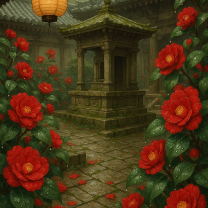 crimson camellia courtyard_simple, printable art, 300 DPI