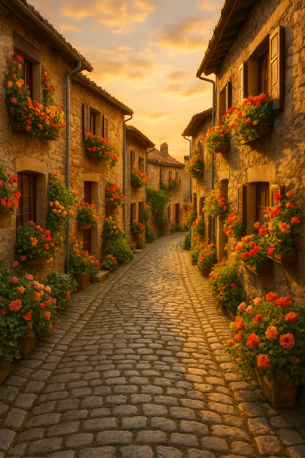 20250627_2335_charming cobblestone street, printable art, 300 DPI