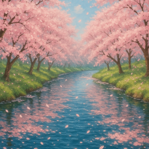 20250627_2336_cherry blossoms by river, printable art, 300 DPI