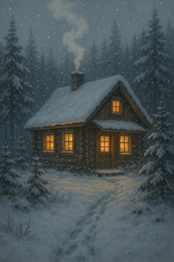20250627_2341_cozy snowy cabin, printable art, 300 DPI