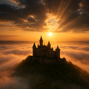 20250627_2342_sunrise over hilltop castle, printable art, 300 DPI
