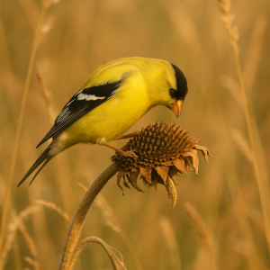 20250627_2353_goldfinch on sunflower, printable art, 300 DPI