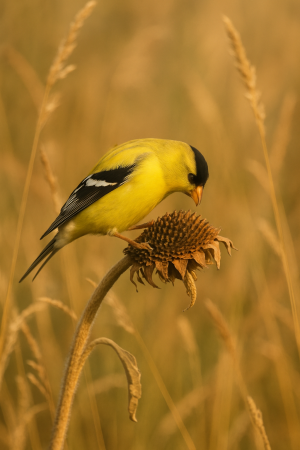 20250627_2353_goldfinch on sunflower, printable art, 300 DPI