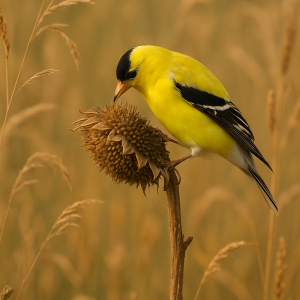20250627_2353_goldfinch on sunflower, printable art, 300 DPI