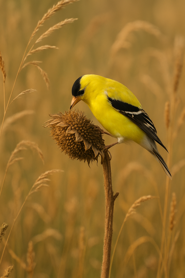 20250627_2353_goldfinch on sunflower, printable art, 300 DPI