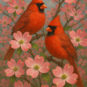 20250627_2354_cardinals in dogwood, printable art, 300 DPI