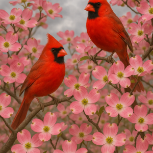 20250627_2354_cardinals in dogwood, printable art, 300 DPI