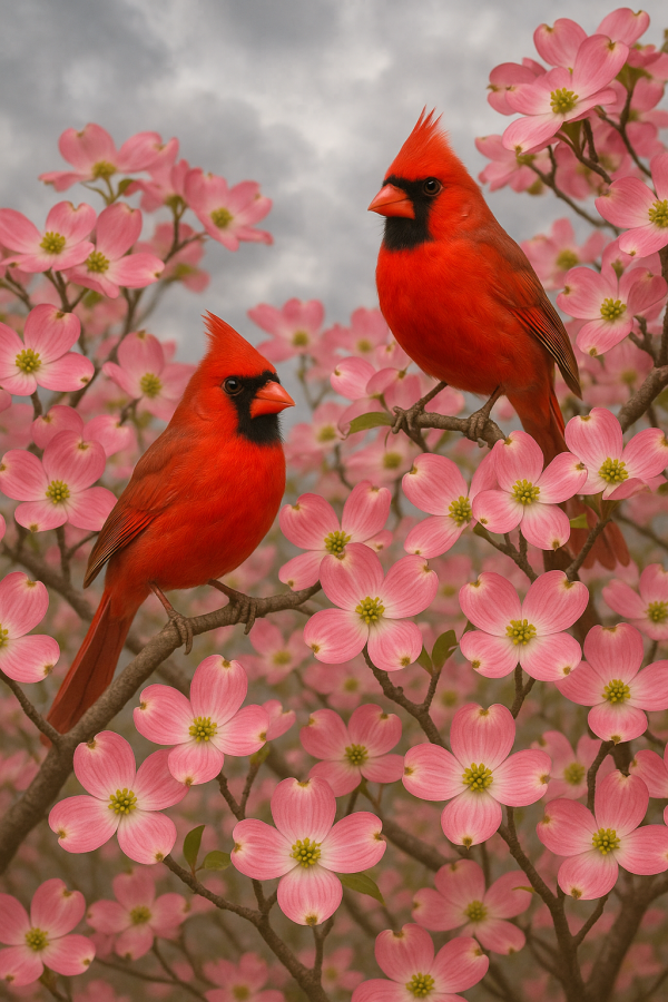 20250627_2354_cardinals in dogwood, printable art, 300 DPI