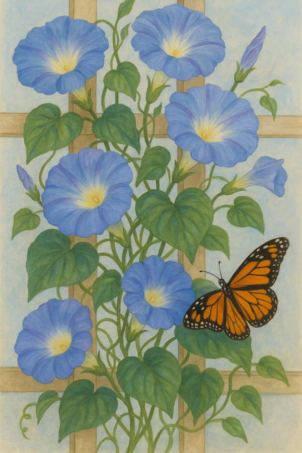 20250627_2354_morning glories and butterfly, printable art, 300 DPI