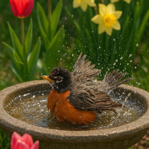 20250627_2354_robin's spring bath_simple, printable art, 300 DPI
