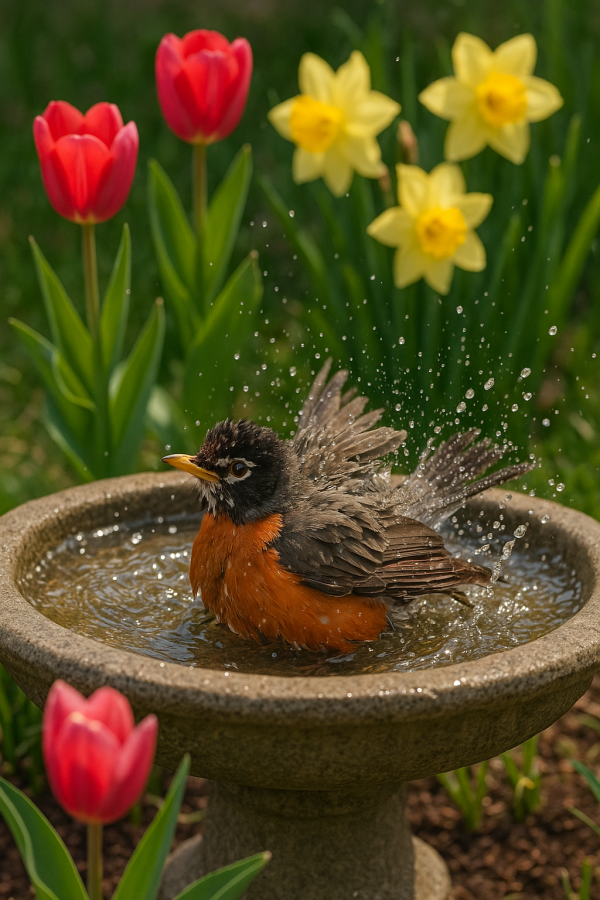 20250627_2354_robin's spring bath_simple, printable art, 300 DPI