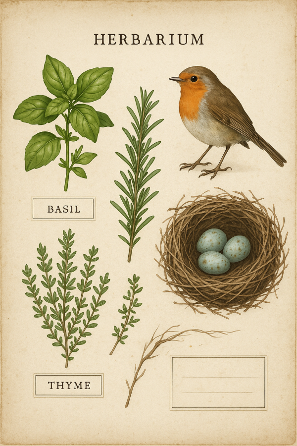 20250627_2358_herbarium and robin's nest, printable art, 300 DPI