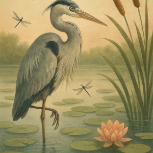 20250627_2358_heron among lily pads, printable art, 300 DPI