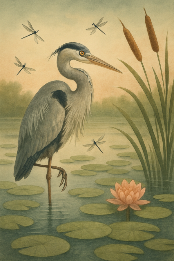 20250627_2358_heron among lily pads, printable art, 300 DPI