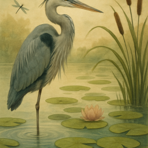 20250627_2358_heron among lily pads, printable art, 300 DPI