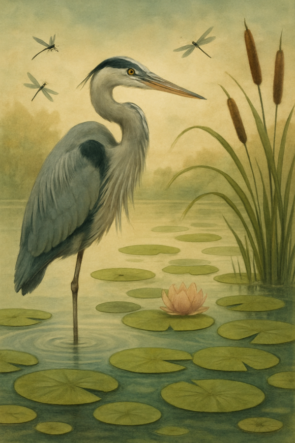 20250627_2358_heron among lily pads, printable art, 300 DPI