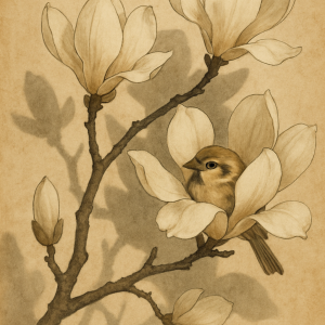 20250627_2358_magnolia with hidden sparrow, printable art, 300 DPI