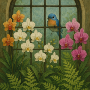 20250627_2359_bluebird at greenhouse window_, printable art, 300 DPI