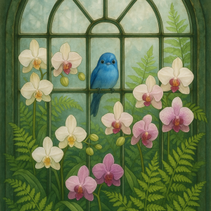 20250627_2359_bluebird at greenhouse window, printable art, 300 DPI