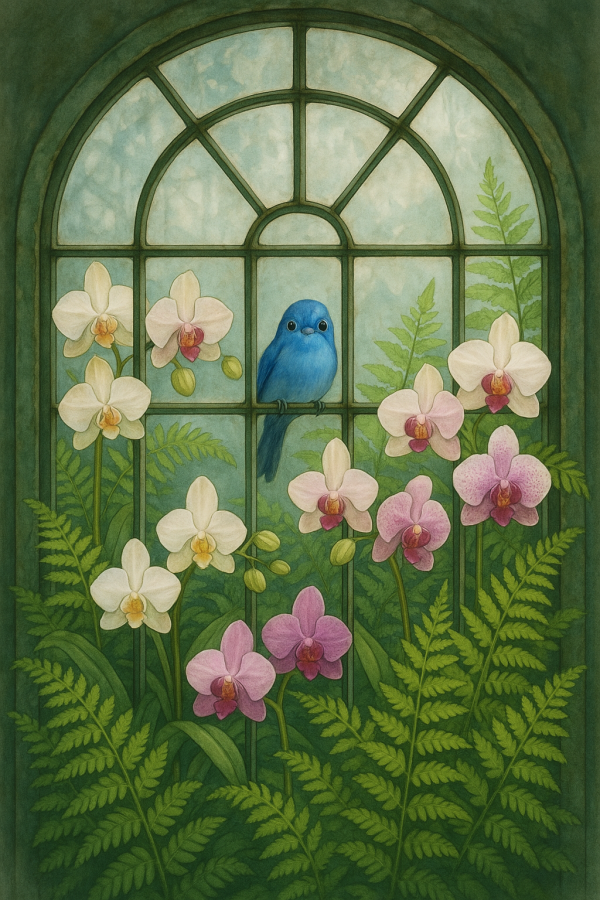 20250627_2359_bluebird at greenhouse window, printable art, 300 DPI