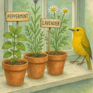 20250628_0011_herbs and warbler, printable art, 300 DPI