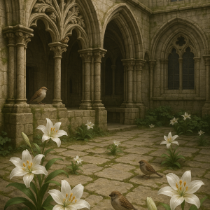 20250628_0019_cathedral's blooming courtyard, printable art, 300 DPI