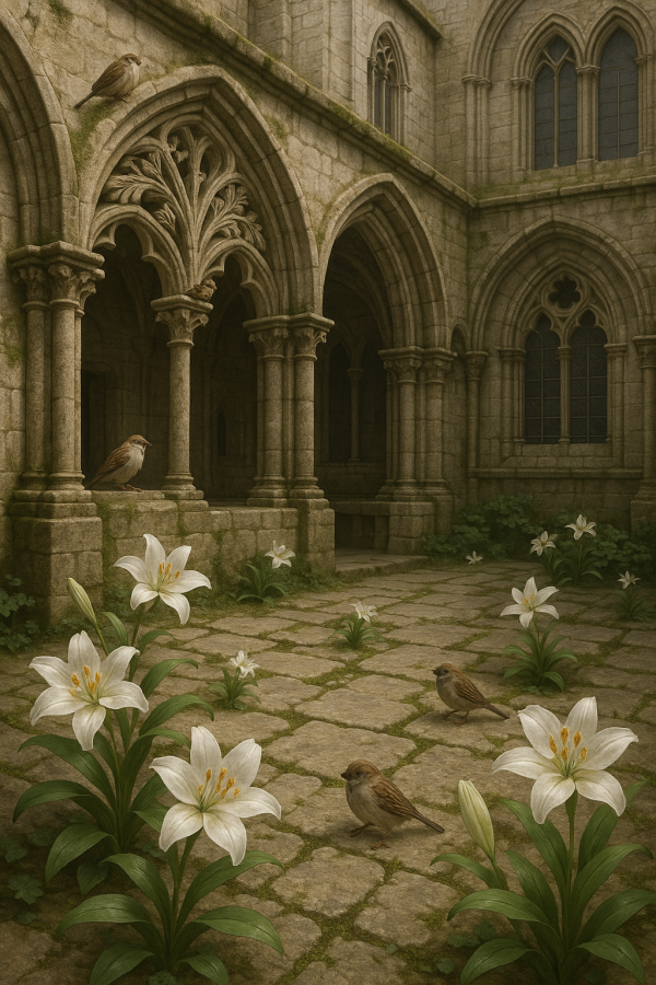 20250628_0019_cathedral's blooming courtyard, printable art, 300 DPI