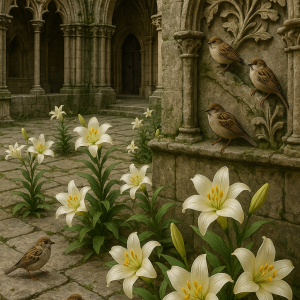 20250628_0019_cathedral's blooming courtyard, printable art, 300 DPI