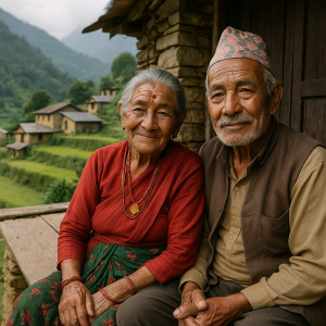 elderly couple in mountain village, printable art, 300 DPI