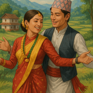 nepali couple dancing in verdant landscape, printable art, 300 DPI