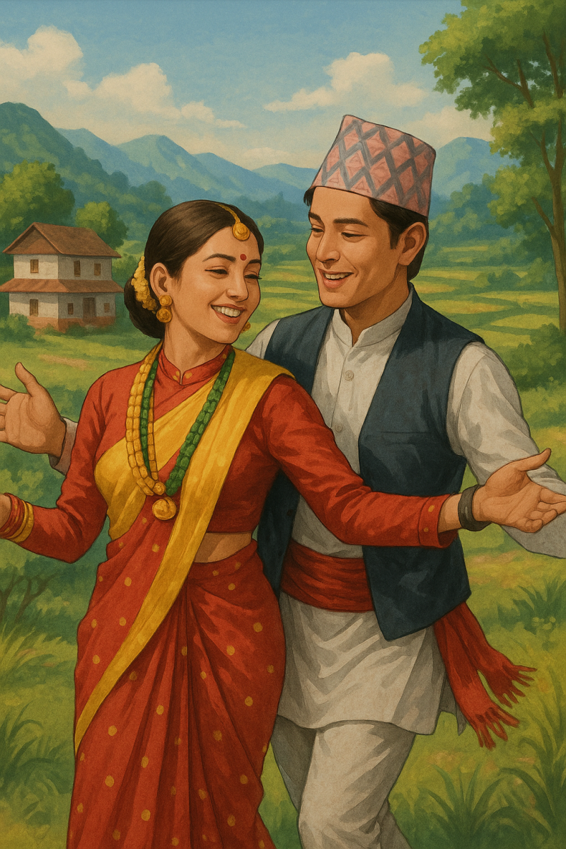 Nepali Couple Dancing in Verdant Landscape