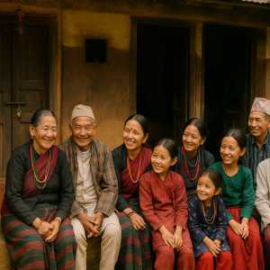 tamang family in traditional attire, printable art, 300 DPI