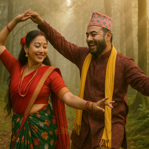 traditional nepali dance in misty forest, printable art, 300 DPI