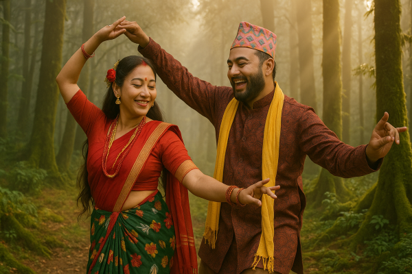 traditional nepali dance in misty forest, printable art, 300 DPI
