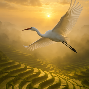 Crane Over Golden Ricefields