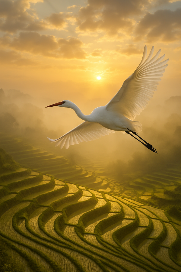 Crane Over Golden Ricefields